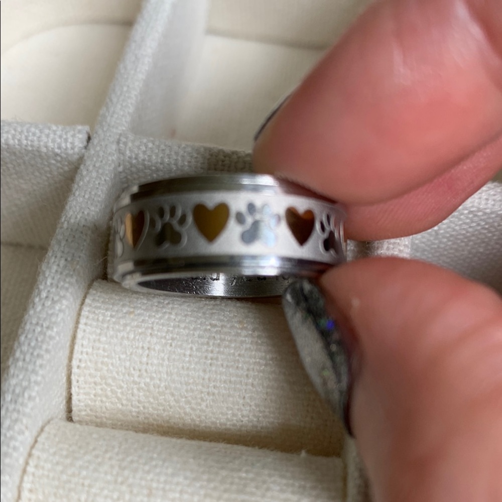 Stainless Steel Spinner Ring with Gold Hearts and Paw Design- Size 6